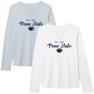 women's light blue and white long sleeve v-notch t-shirts with We Are Penn State above Athletic Logo